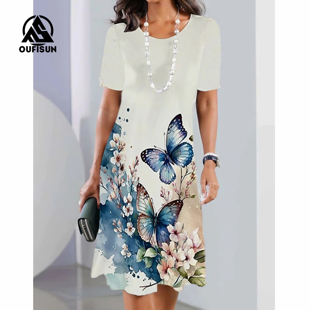 Módní maxi šaty s krátkým rukávem s květinovým potiskem Dlouhé šaty s motýlkem s květinovým vzorem