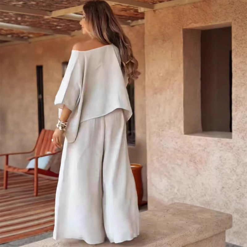 ⏳Časově omezená speciální nabídka💕 Dámská dvoudílná souprava s topem s odhalenými rameny a kalhotami s širokými nohavicemi