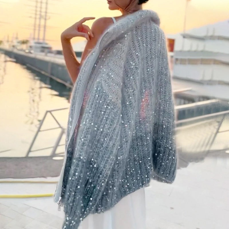 【✨Nové přírůstky 2025】🌈Dámský flitrový pletený svetr s celopropínacím zipem