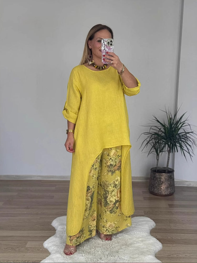 Ležérní nepravidelný top a kalhoty se širokými nohavicemi z bavlny a lnu