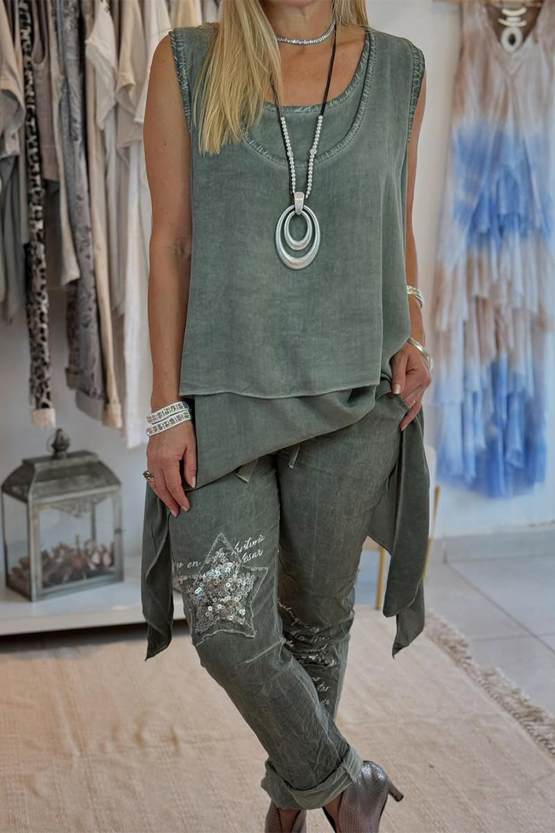 Dámské nepravidelné jednobarevné kalhoty s kulatým výstřihem a potištěným dvojitým dnem