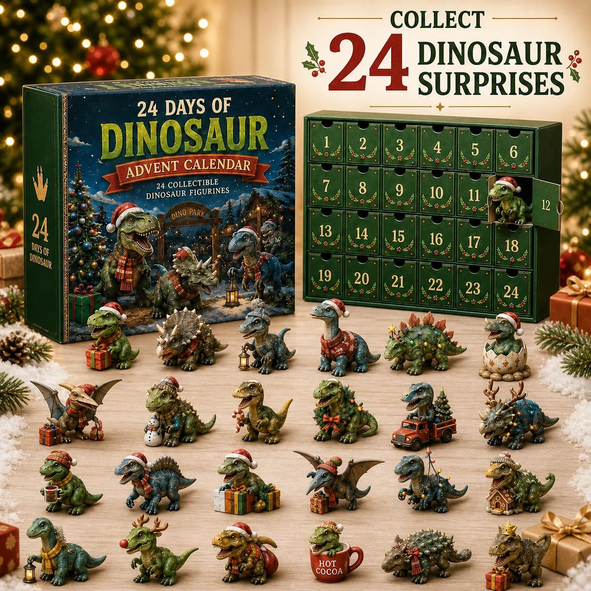 ✨24 Days of Dinosaur Christmas Advent Calendar – 24 Collectible Dino Figurines & Holiday Surprises