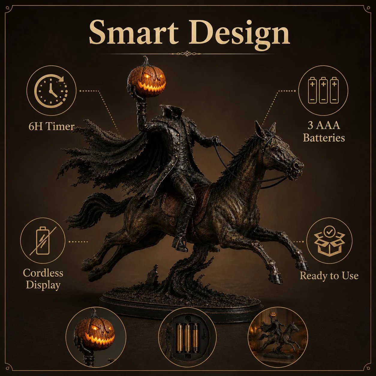 LED figurka Půlnoční honička Bezhlavý jezdec – Halloweenská dekorace