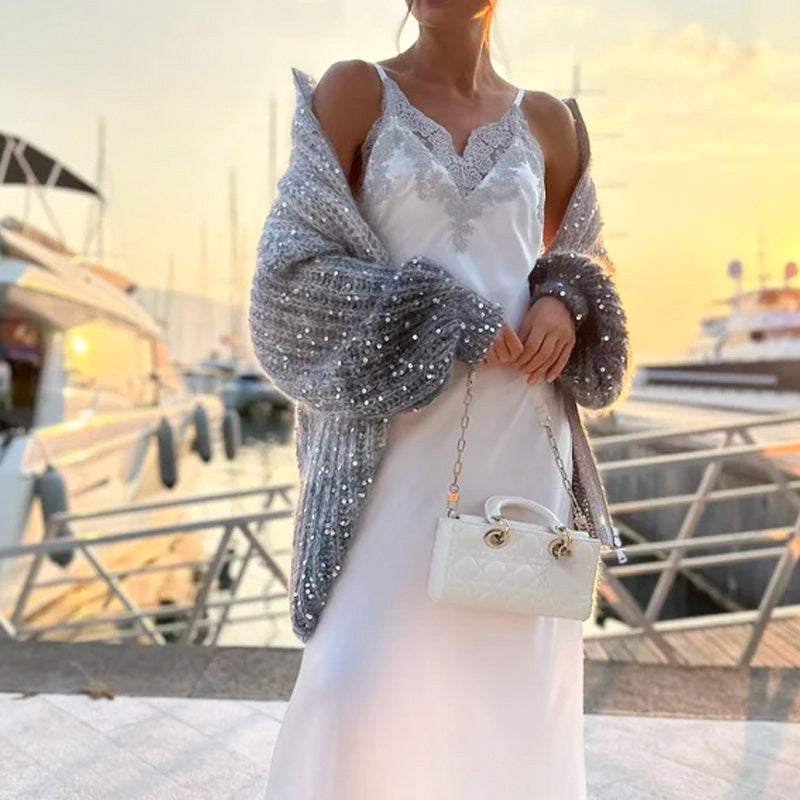 【✨Nové přírůstky 2025】🌈Dámský flitrový pletený svetr s celopropínacím zipem