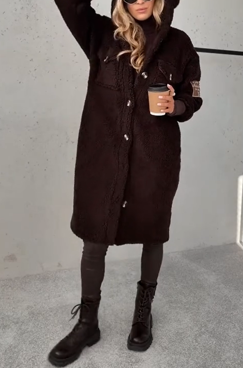 Dámský pletený kožešinový teplý kabát s kapucí a knoflíky s dlouhým rukávem