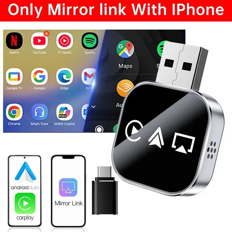 📶 2026 Upgrade 3 v 1 Zrcadlo pro iOS telefon, kabelový/bezdrátový Carplay adaptér