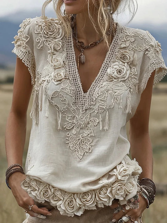 Dámské tričko s krátkým rukávem z lněné směsi s výstřihem do V a výšivkou růží