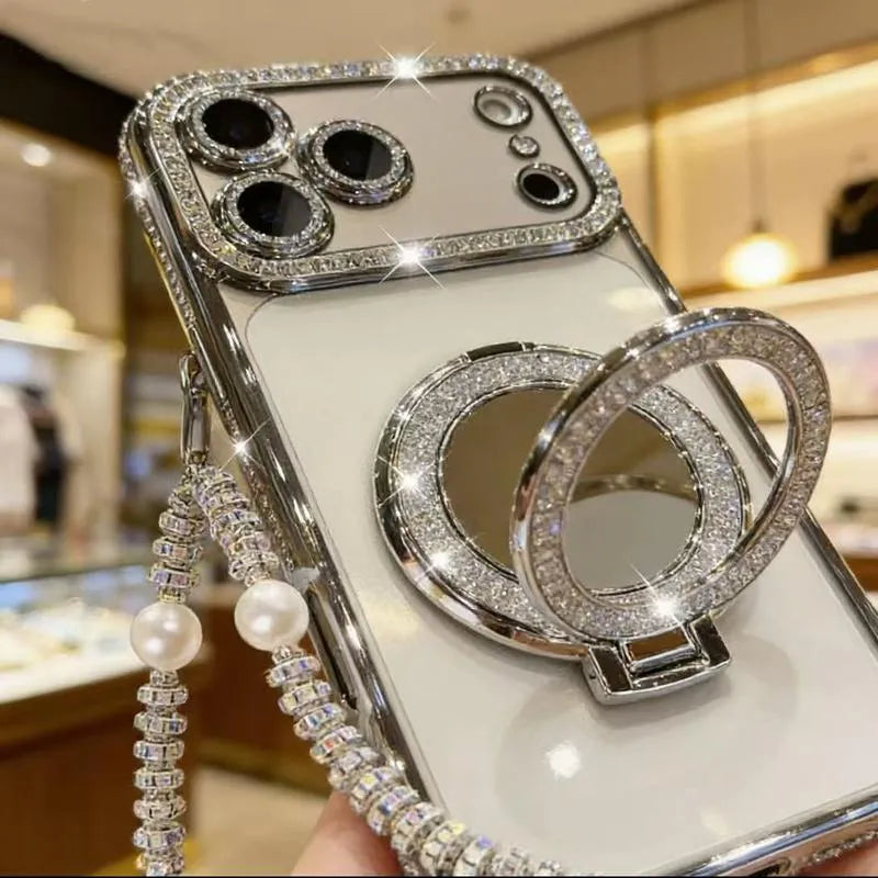 ✨💎Třpytivý diamantový dámský kryt na telefon se zrcátkem a stojánkem pro iPhone 12/13/14/15/16/17 Pro Max, 17Air, 14/15/16 Plus💖
