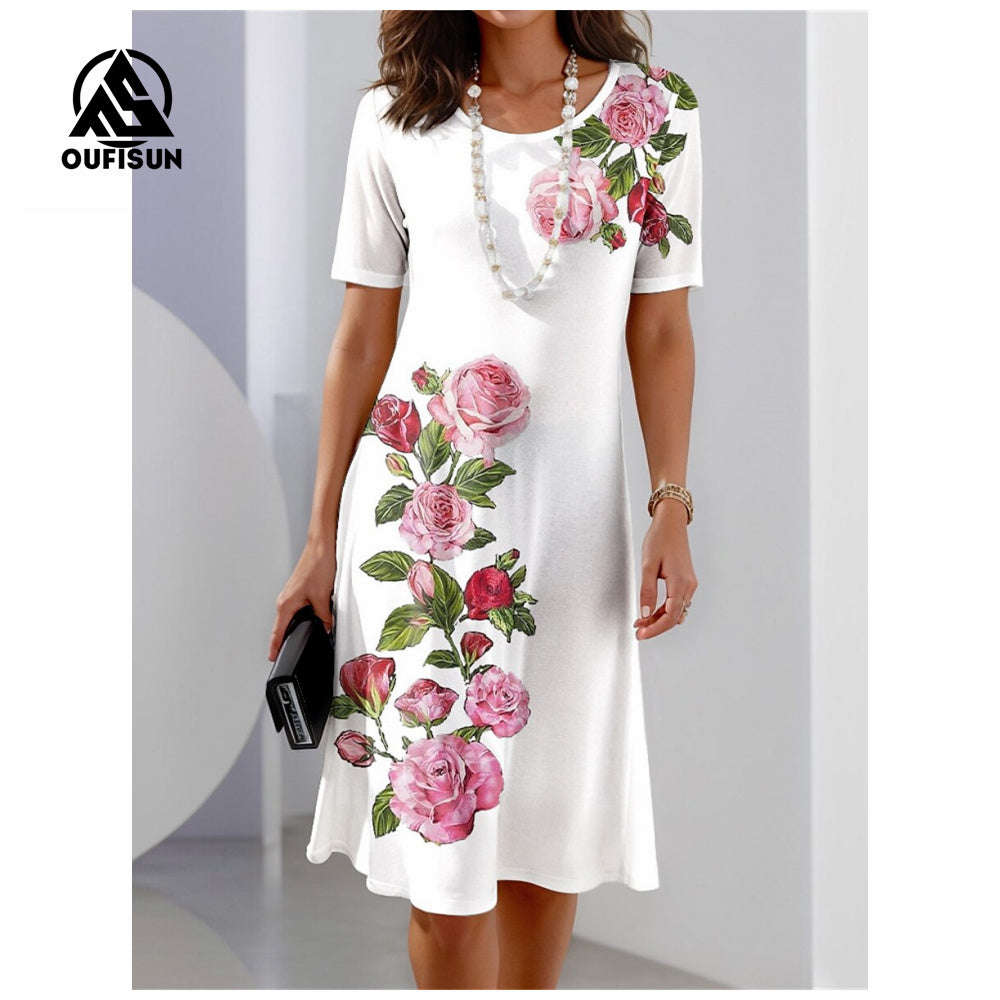 Módní maxi šaty s krátkým rukávem s květinovým potiskem Dlouhé šaty s motýlkem s květinovým vzorem