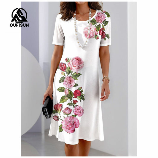 Módní maxi šaty s krátkým rukávem s květinovým potiskem Dlouhé šaty s motýlkem s květinovým vzorem