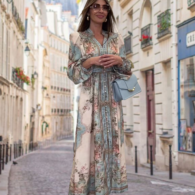 Elegantní šaty s výstřihem do V, vysokým pasem, květinovým potiskem a knoflíky