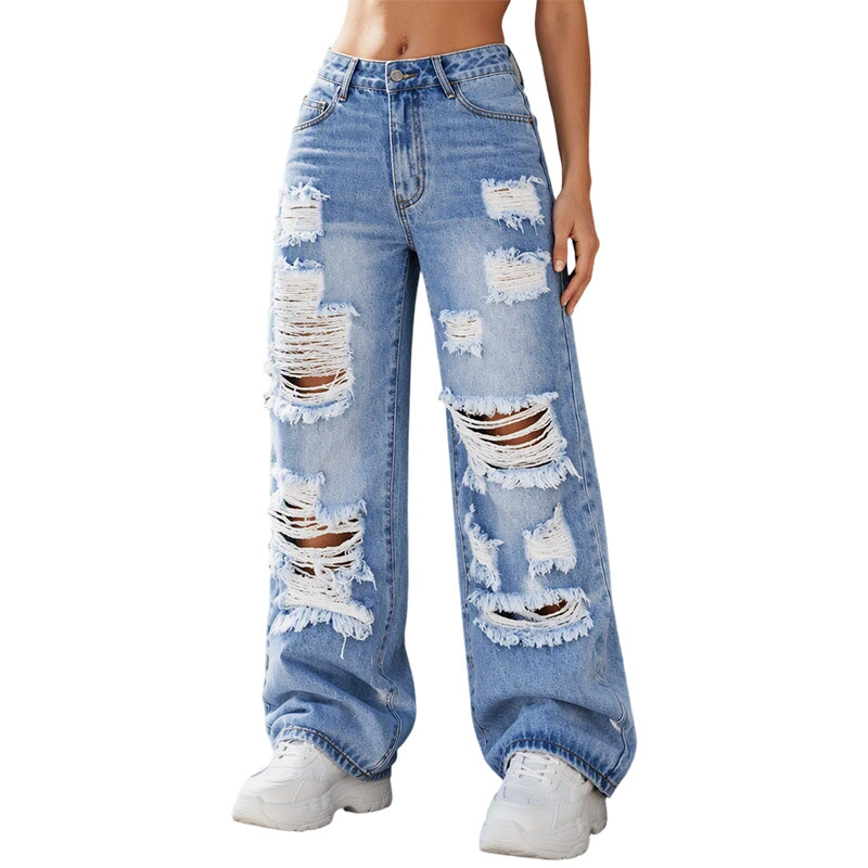 Dámské roztrhané džíny s vysokým pasem a širokými nohavicemi