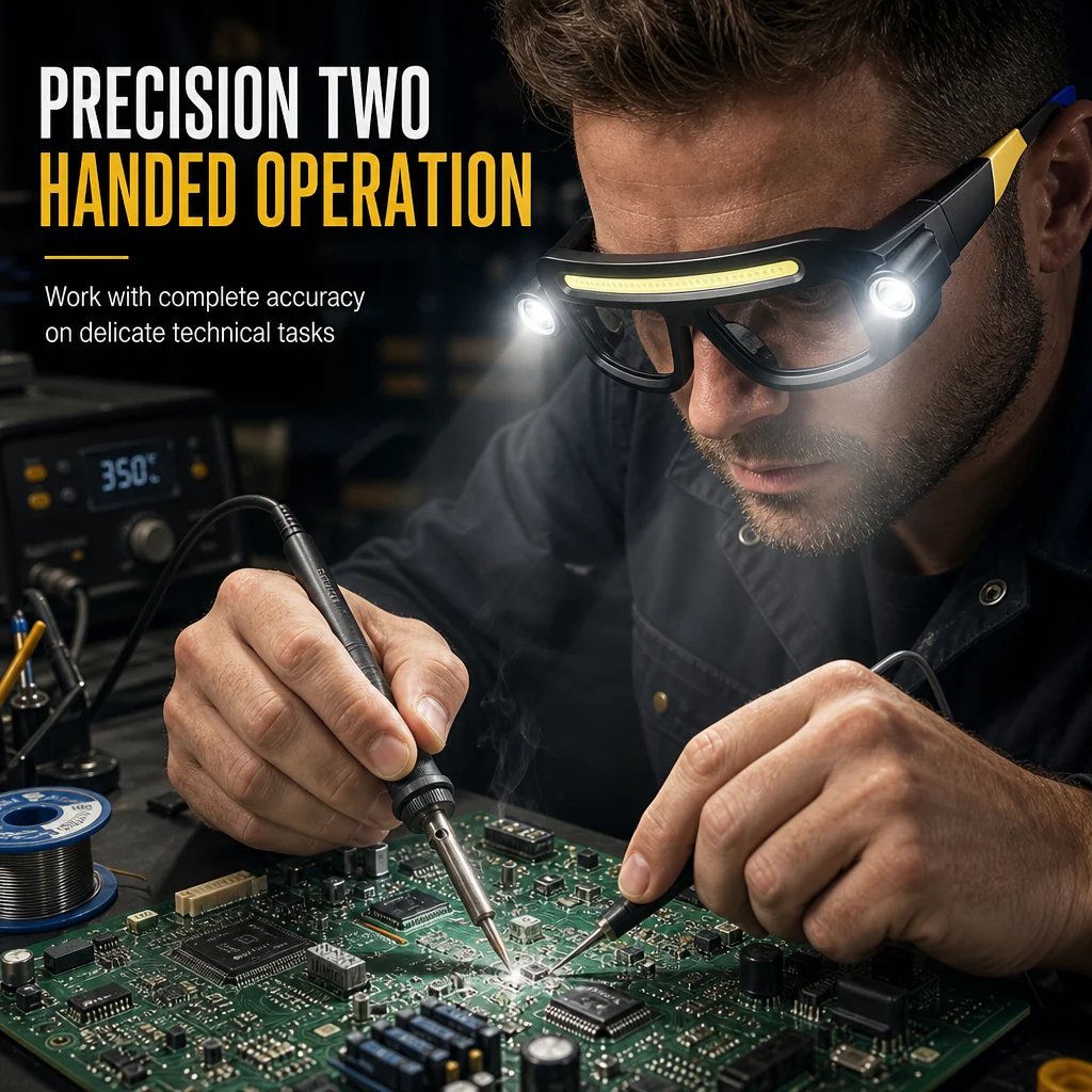 Brýle s dvojitým LED paprskem, hands-free, dobíjecí COB typ C, pracovní brýle pro mechaniky, kempování a opravy