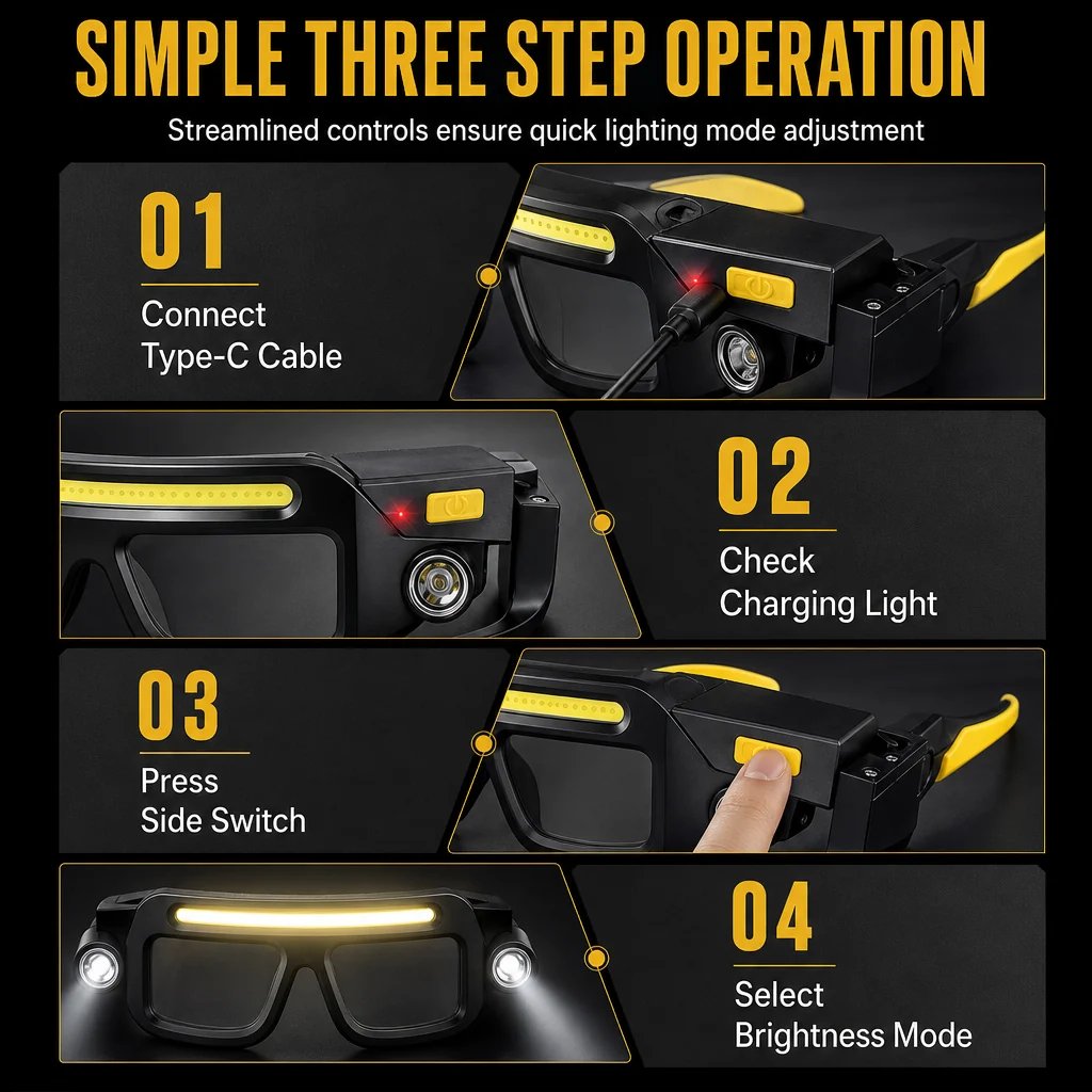 Brýle s dvojitým LED paprskem, hands-free, dobíjecí COB typ C, pracovní brýle pro mechaniky, kempování a opravy