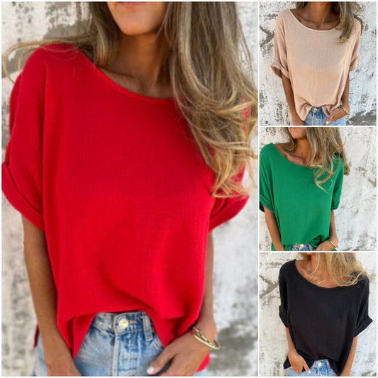 Jednobarevný top s kulatým výstřihem a krátkým rukávem