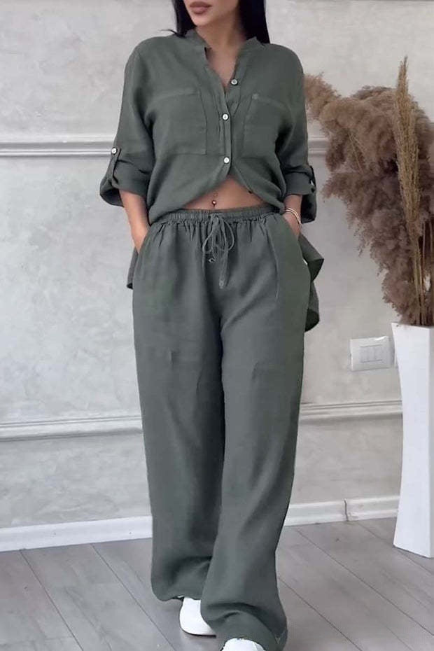 🌸Dámský dvoudílný oblek z bavlny a lnu. Košile a kalhoty se zapínáním na knoflíky.