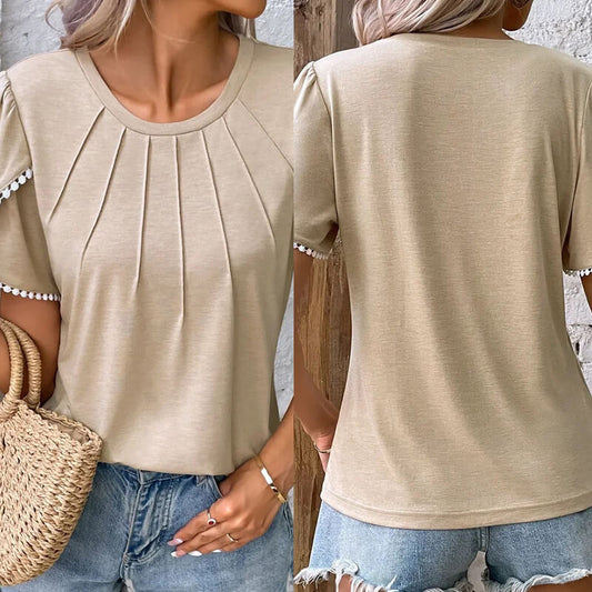 🔥Nové dámské ležérní jednobarevné krajkové tričko s kulatým výstřihem