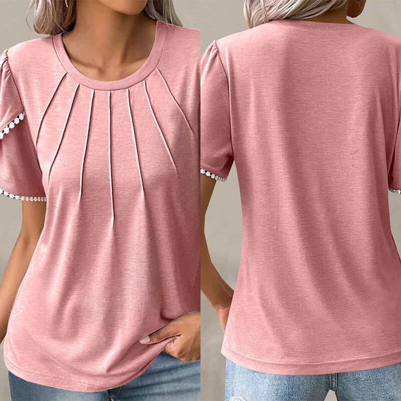 🔥Nové dámské ležérní jednobarevné krajkové tričko s kulatým výstřihem