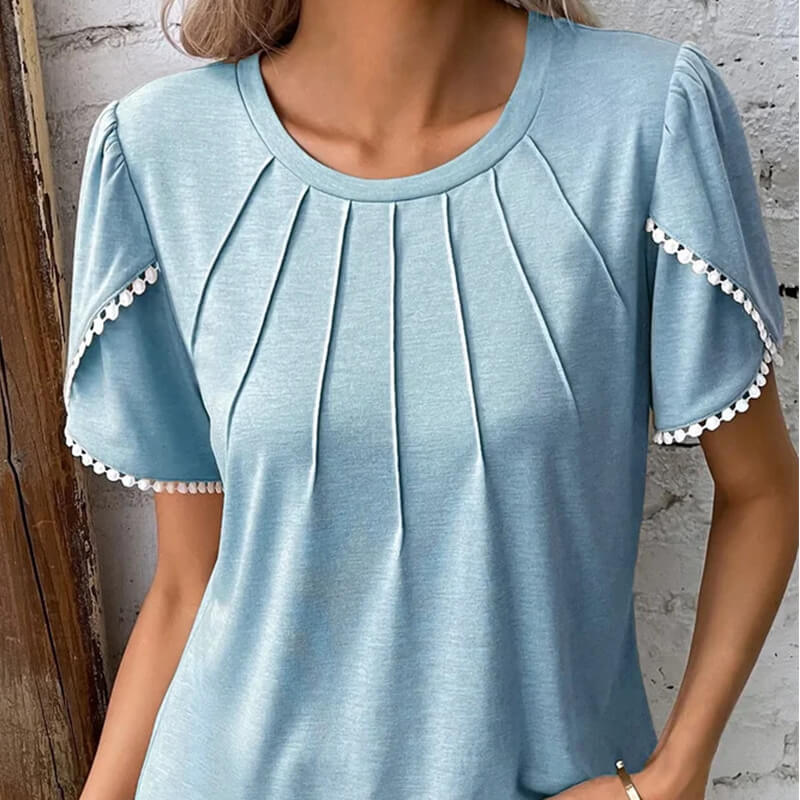 🔥Nové dámské ležérní jednobarevné krajkové tričko s kulatým výstřihem