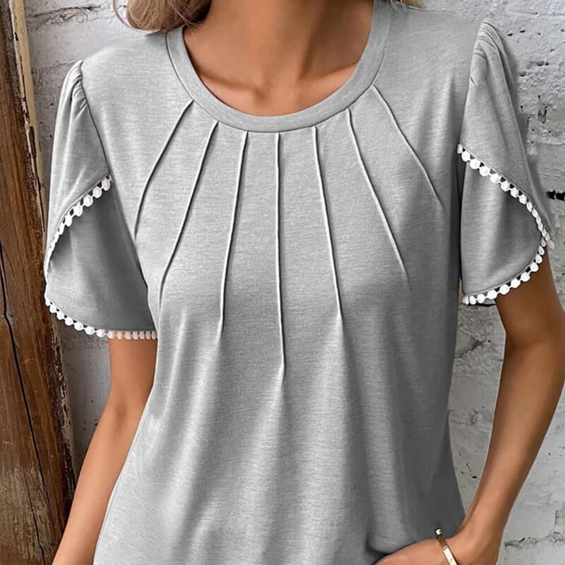 🔥Nové dámské ležérní jednobarevné krajkové tričko s kulatým výstřihem