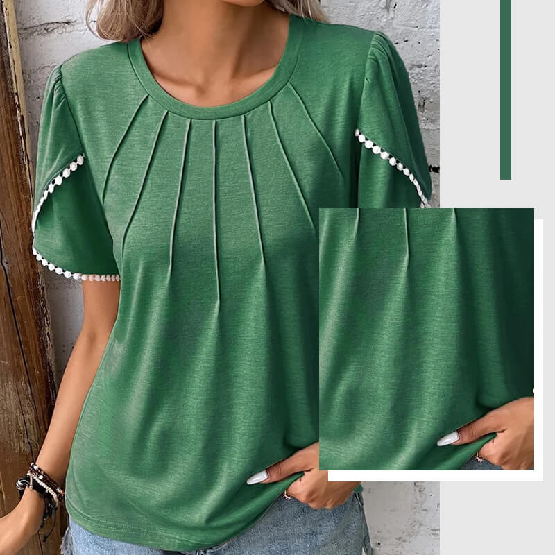 🔥Nové dámské ležérní jednobarevné krajkové tričko s kulatým výstřihem