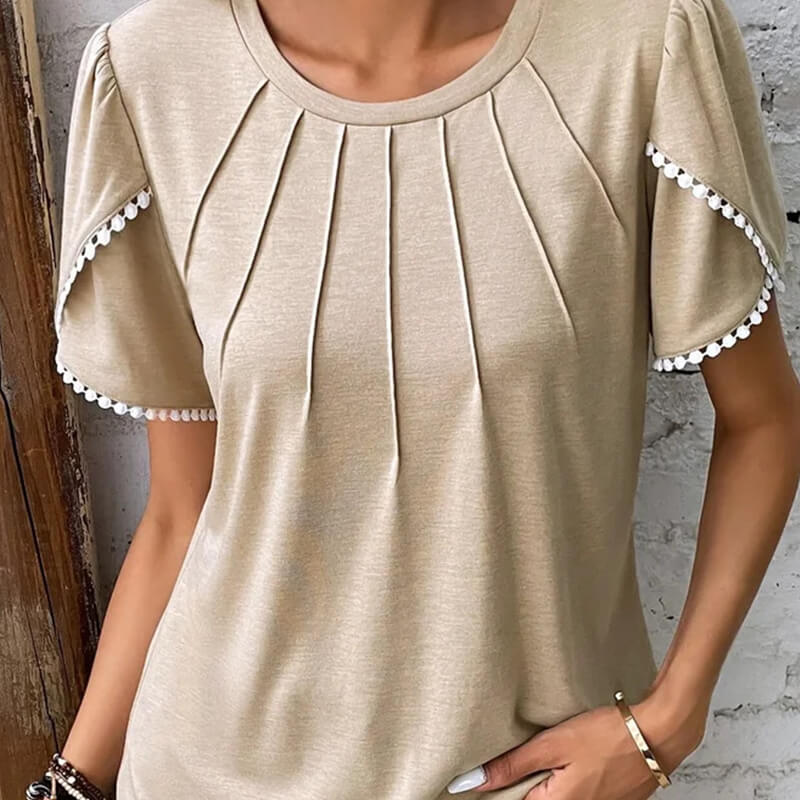 🔥Nové dámské ležérní jednobarevné krajkové tričko s kulatým výstřihem