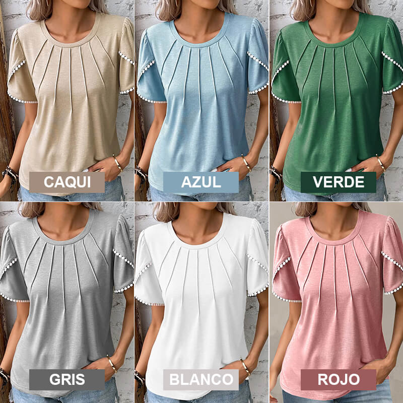 🔥Nové dámské ležérní jednobarevné krajkové tričko s kulatým výstřihem