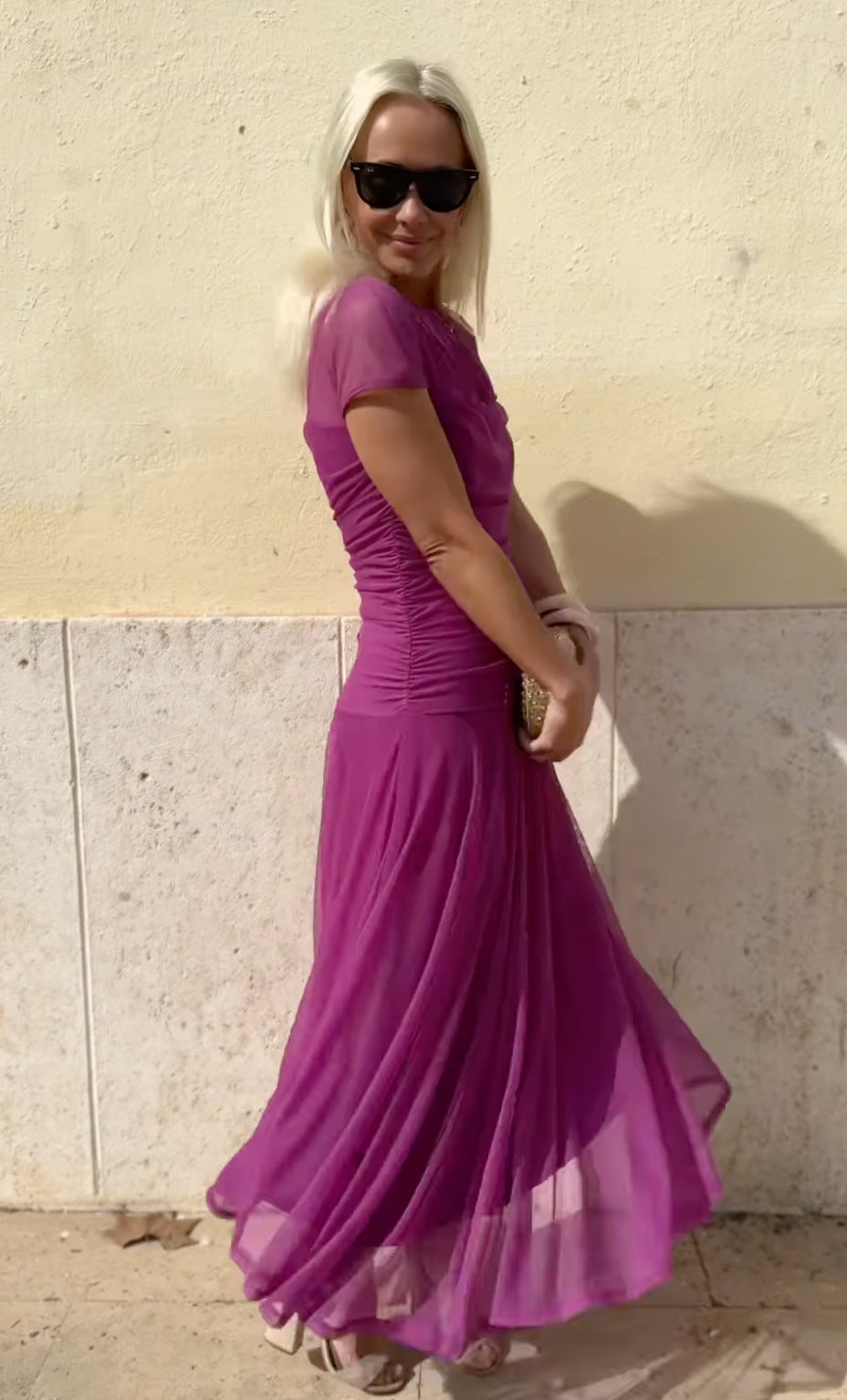 Dámské ležérní šifonové šaty s kulatým výstřihem a prošíváním