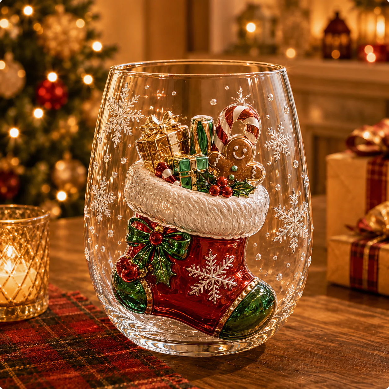 Kouzelná vánoční kolekce 3D skleněných kelímků – Santa Claus, sob, sněhulák a vánoční stromeček