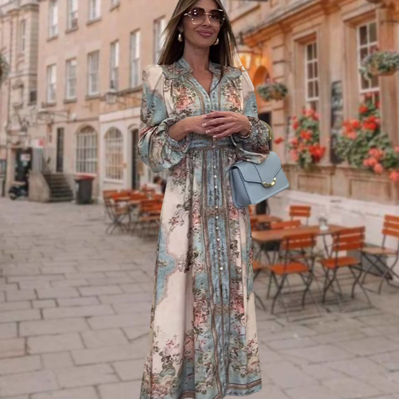 Elegantní šaty s výstřihem do V, vysokým pasem, květinovým potiskem a knoflíky