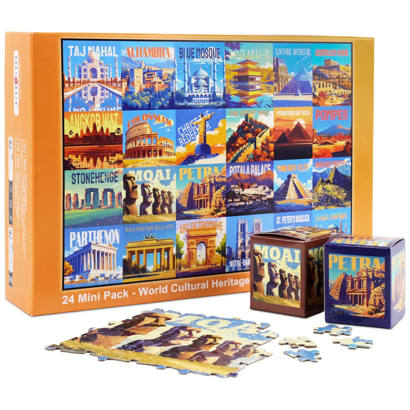 Cestovní série Rokt&razo, 24 mini puzzle po 1000 dílcích, 8 samolepek, 3 témata: národní parky, světové dědictví, prohlídka města po celém světě