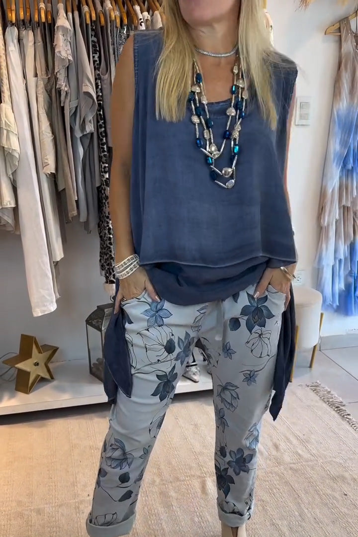 Dámské nepravidelné jednobarevné kalhoty s kulatým výstřihem a potištěným dvojitým dnem