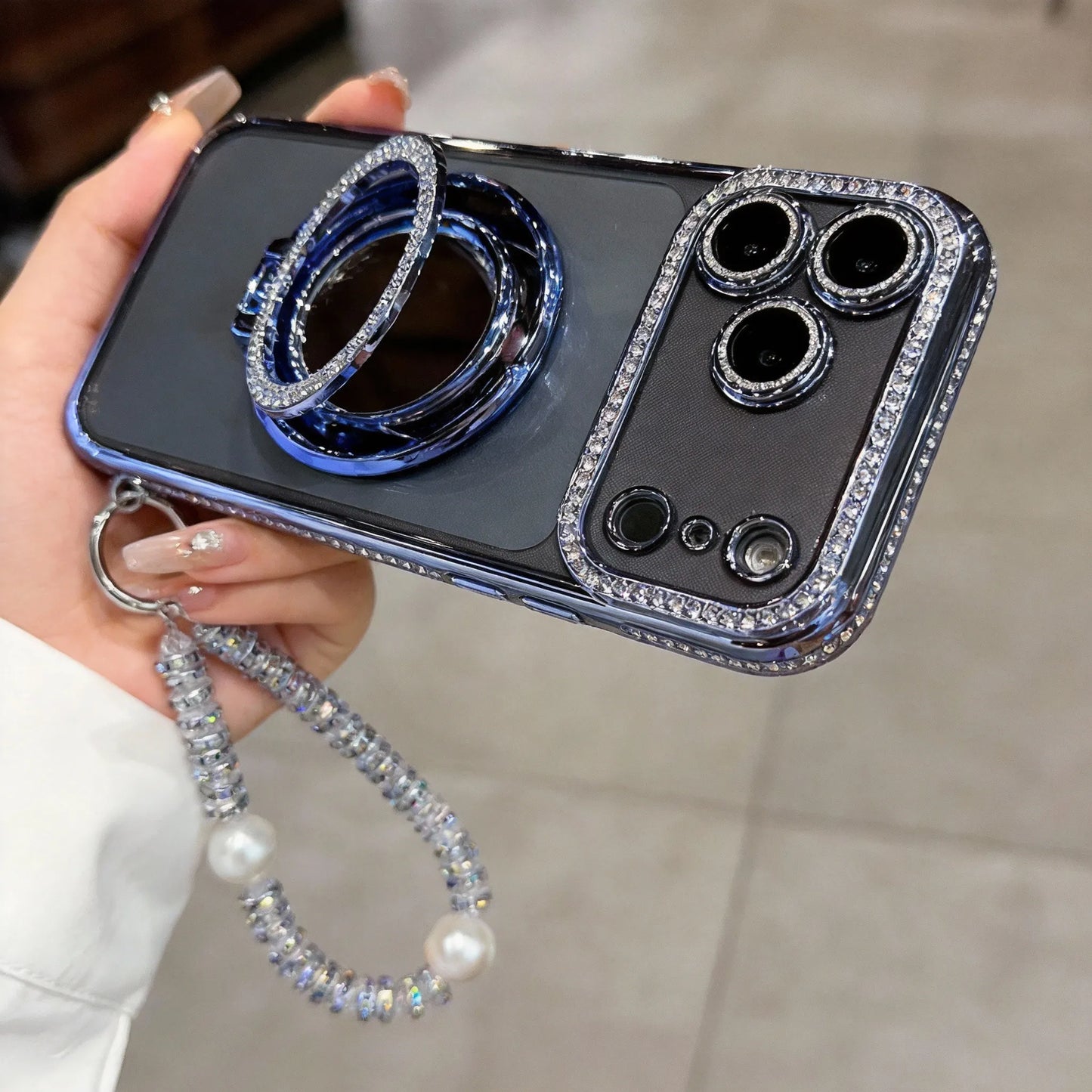 ✨💎Třpytivý diamantový dámský kryt na telefon se zrcátkem a stojánkem pro iPhone 12/13/14/15/16/17 Pro Max, 17Air, 14/15/16 Plus💖