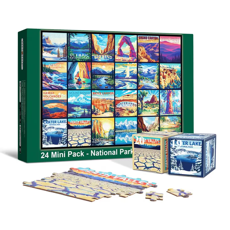 Cestovní série Rokt&razo, 24 mini puzzle po 1000 dílcích, 8 samolepek, 3 témata: národní parky, světové dědictví, prohlídka města po celém světě