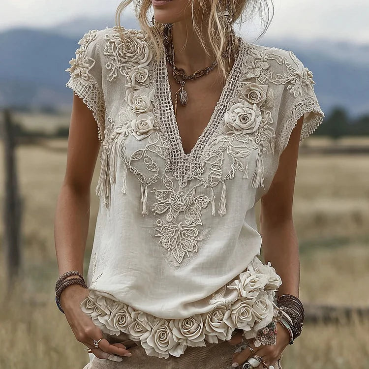 Dámské tričko s krátkým rukávem z lněné směsi s výstřihem do V a výšivkou růží