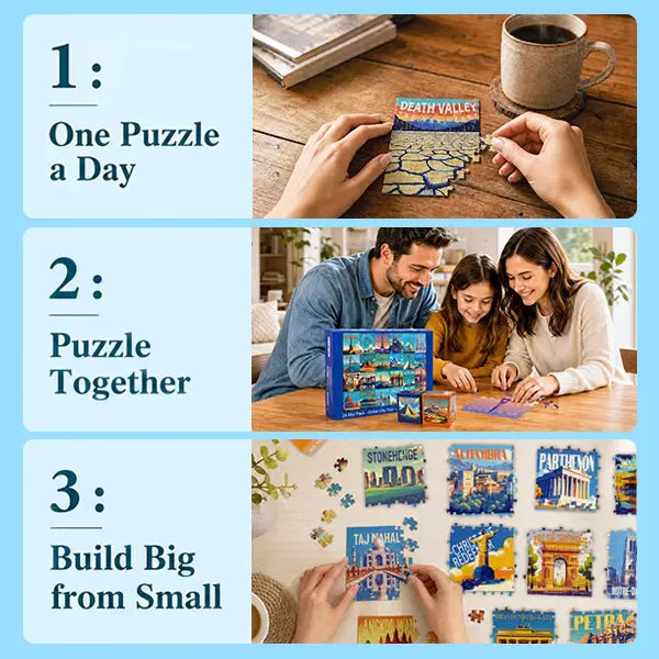 Cestovní série Rokt&razo, 24 mini puzzle po 1000 dílcích, 8 samolepek, 3 témata: národní parky, světové dědictví, prohlídka města po celém světě
