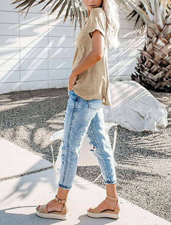 🌈 Jednobarevné tričko s krátkým rukávem a kapsou, nový letní styl