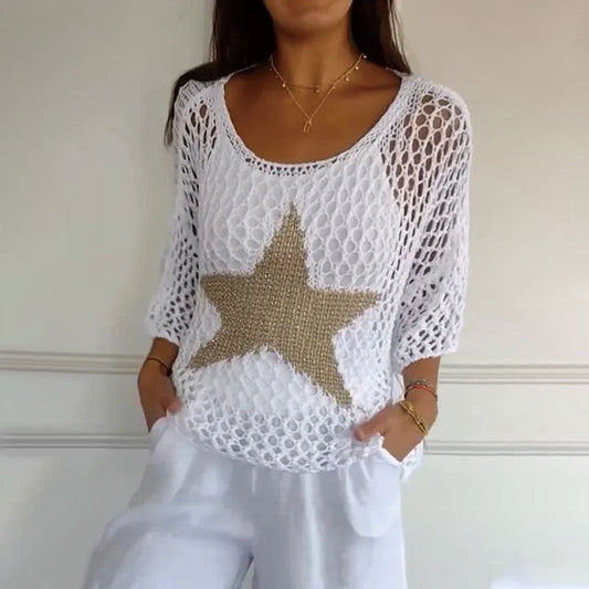 🌟👚Dámský módní háčkovaný pletený top s kulatým výstřihem