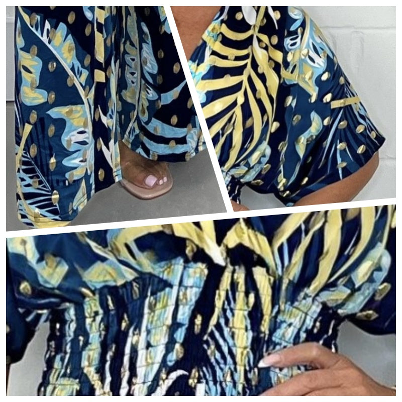 🥻 Dámská letní móda Plus velikost listí tisk tělo s elastickým pasem-TAB