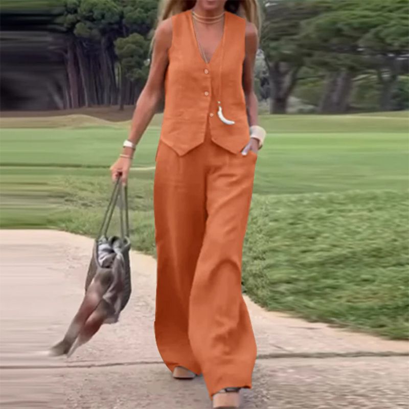 💕Barevná vesta a široké kalhoty na knoflíky, dámská dvoudílná souprava