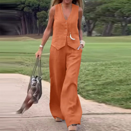 💕Barevná vesta a široké kalhoty na knoflíky, dámská dvoudílná souprava