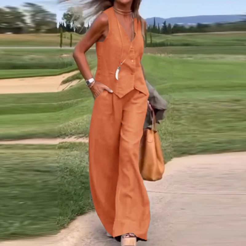 💕Barevná vesta a široké kalhoty na knoflíky, dámská dvoudílná souprava