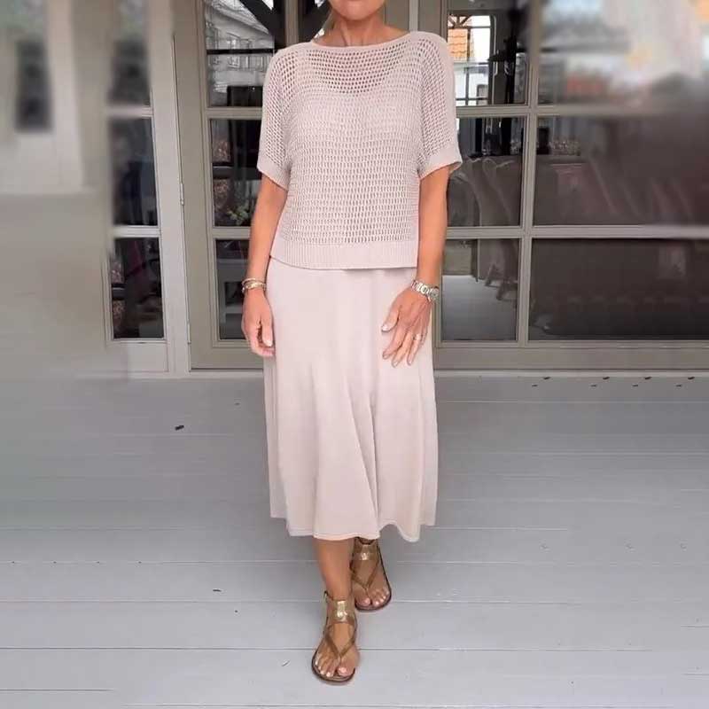 Dámský dvoudílný komplet háčkované tuniky a pletených šatů-TAB