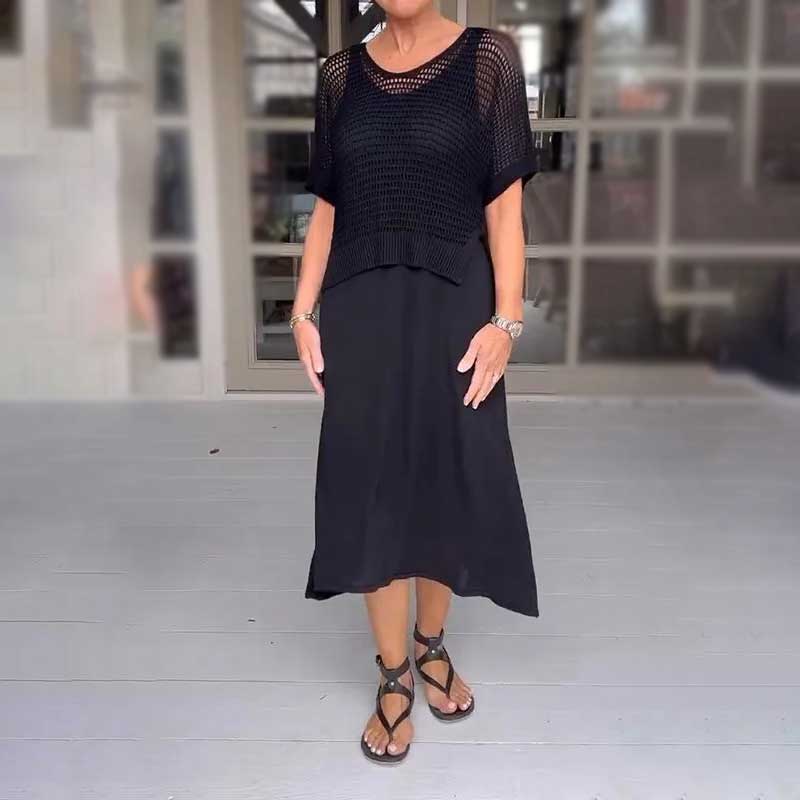 Dámský dvoudílný komplet háčkované tuniky a pletených šatů-TAB