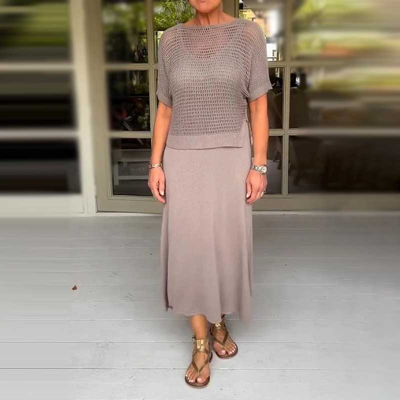 Dámský dvoudílný komplet háčkované tuniky a pletených šatů-TAB