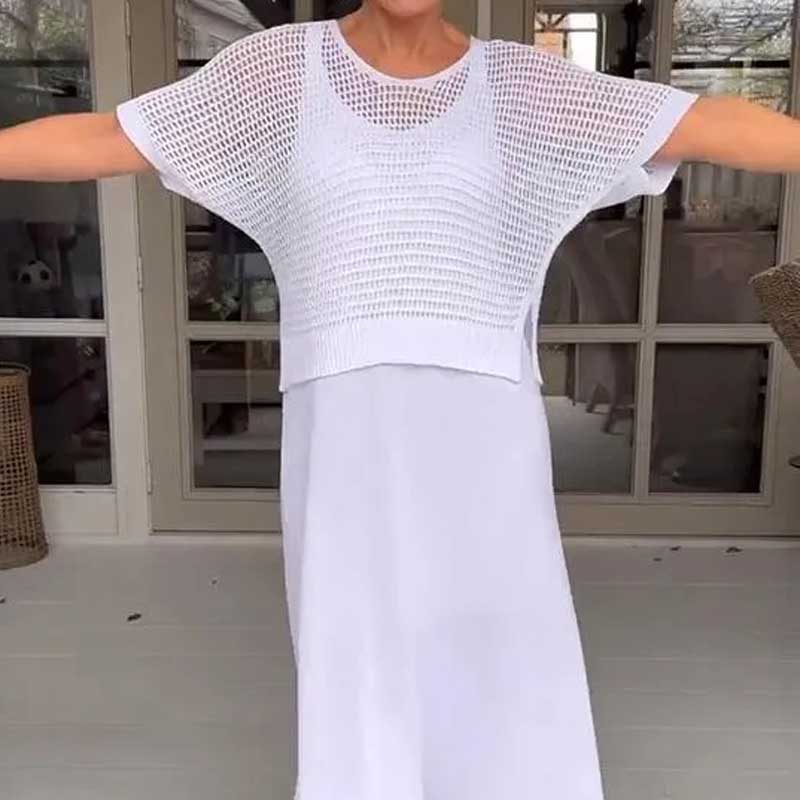 Dámský dvoudílný komplet háčkované tuniky a pletených šatů-TAB