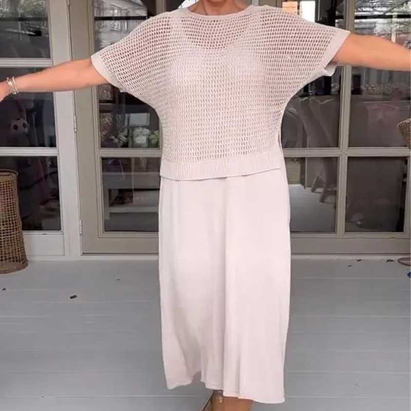 Dámský dvoudílný komplet háčkované tuniky a pletených šatů-TAB