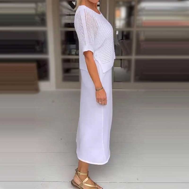 Dámský dvoudílný komplet háčkované tuniky a pletených šatů-TAB