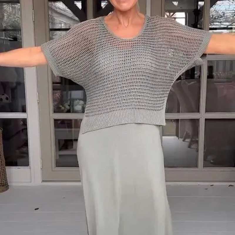 Dámský dvoudílný komplet háčkované tuniky a pletených šatů-TAB