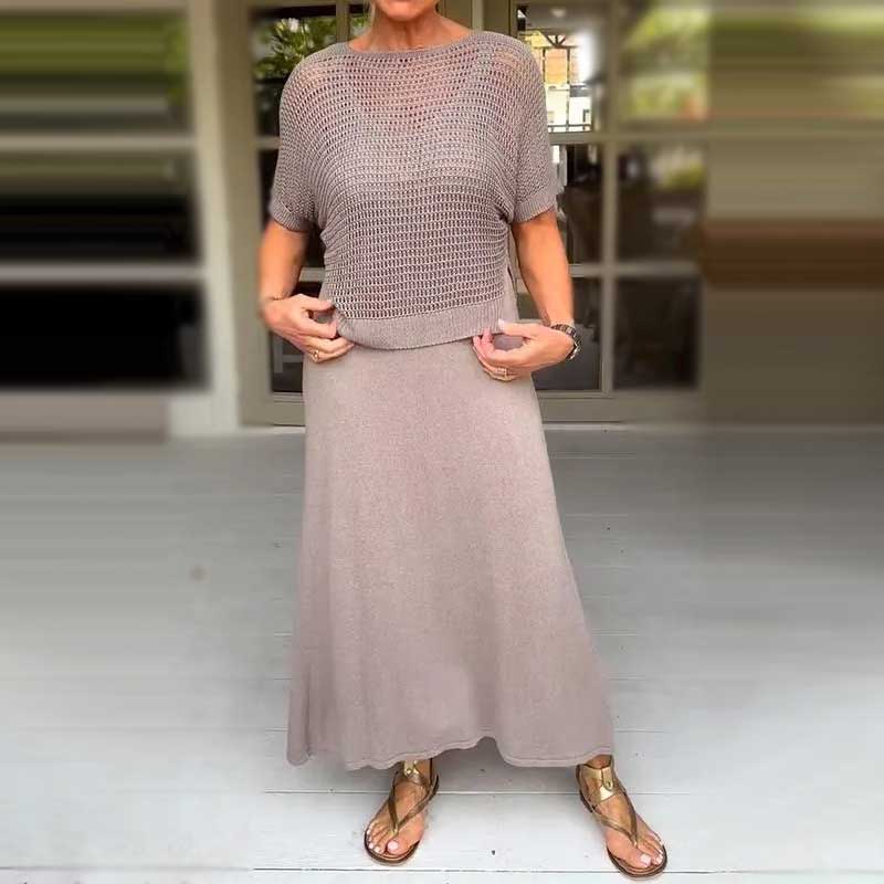 Dámský dvoudílný komplet háčkované tuniky a pletených šatů-TAB